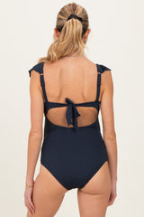 Navy Ribbed Front Tie Cutout Ruched Maternity Swimsuit