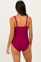Magenta Scalloped Cutout Ruched One Piece Swimsuit