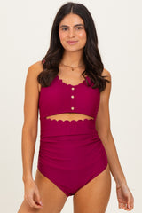 Magenta Scalloped Cutout Ruched One Piece Swimsuit