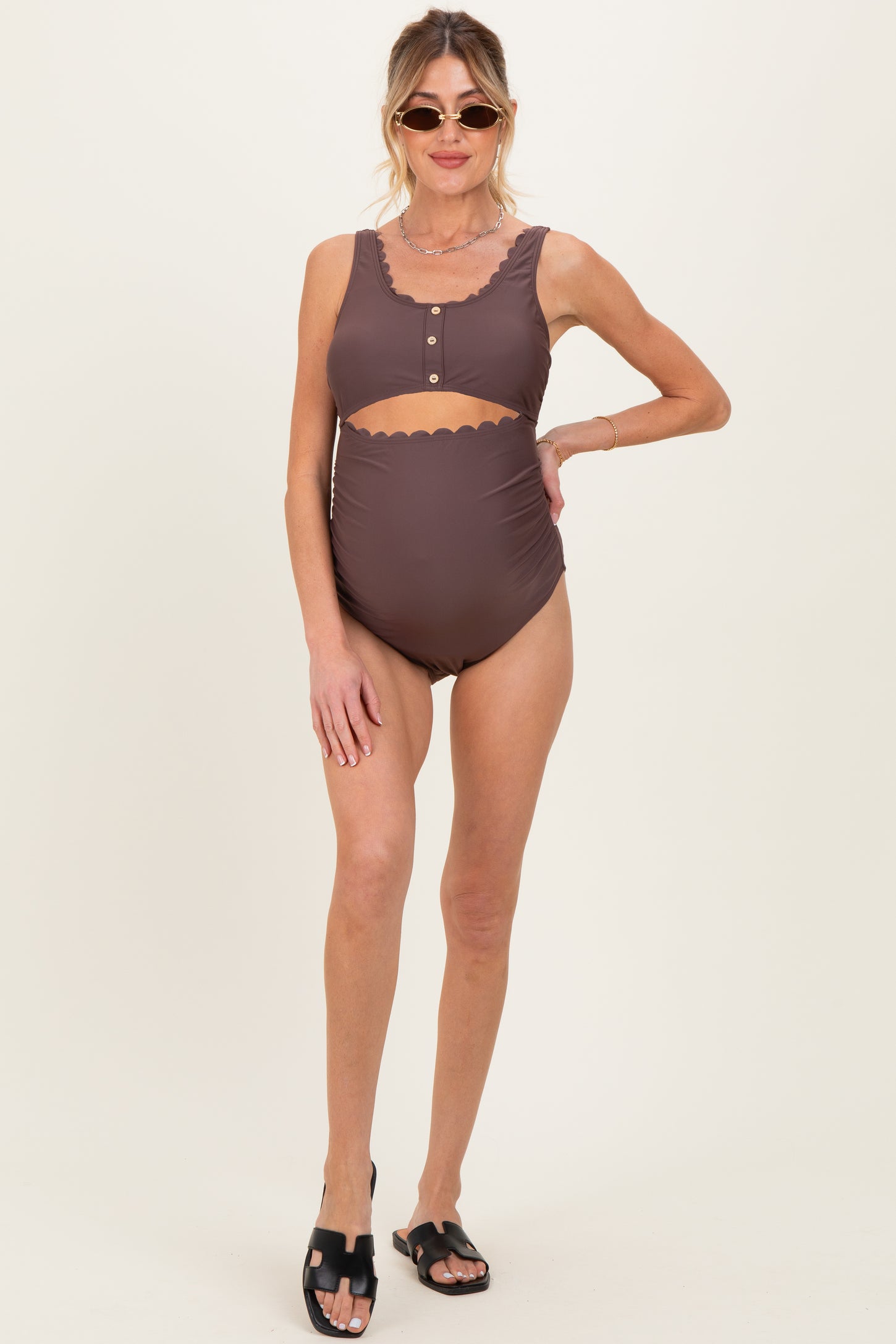 Brown Scalloped Cutout Ruched Maternity One Piece Swimsuit