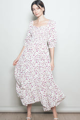 Cream Floral Smocked Handkerchief Hem Maternity Maxi Dress