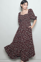 Sepia Floral Smocked Handkerchief Hem Maxi Dress