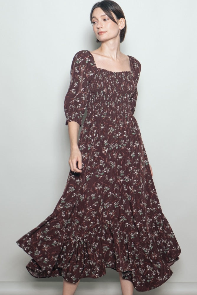 Sepia Floral Smocked Handkerchief Hem Maxi Dress