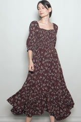 Sepia Floral Smocked Handkerchief Hem Maxi Dress
