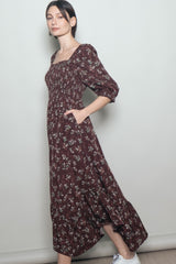 Sepia Floral Smocked Handkerchief Hem Maxi Dress