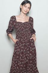 Sepia Floral Smocked Handkerchief Hem Maxi Dress