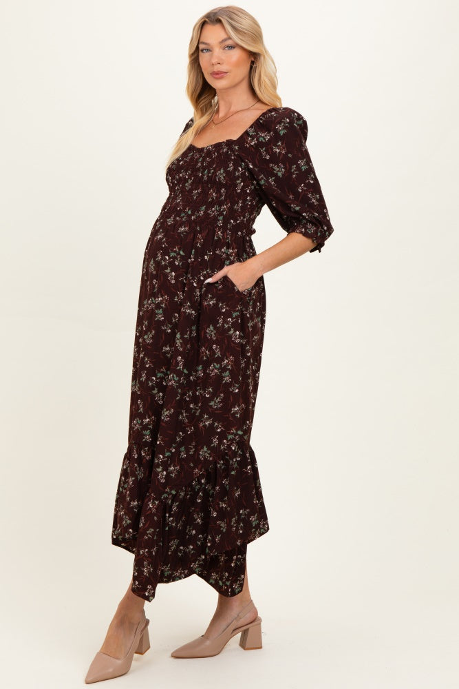 Sepia Floral Smocked Handkerchief Hem Maternity Maxi Dress