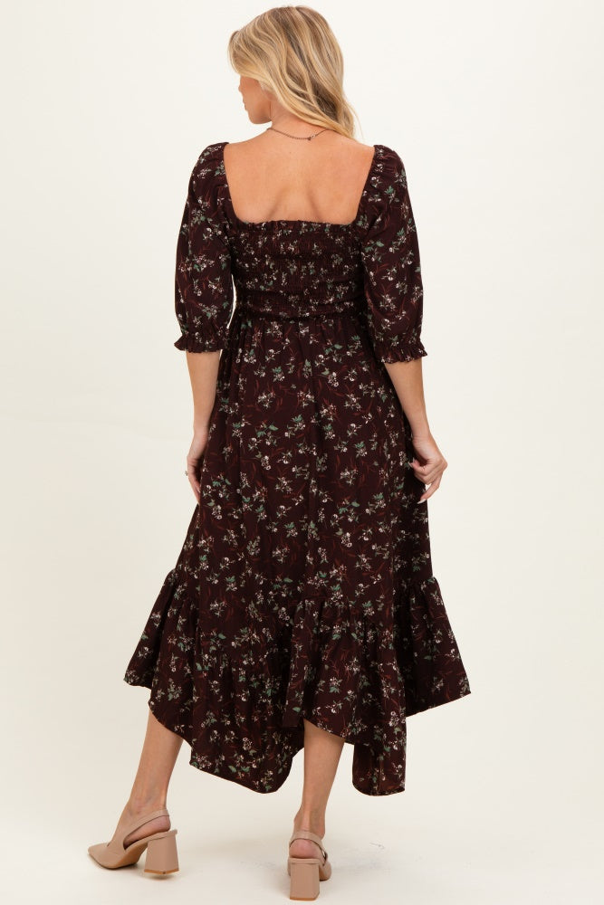 Sepia Floral Smocked Handkerchief Hem Maternity Maxi Dress