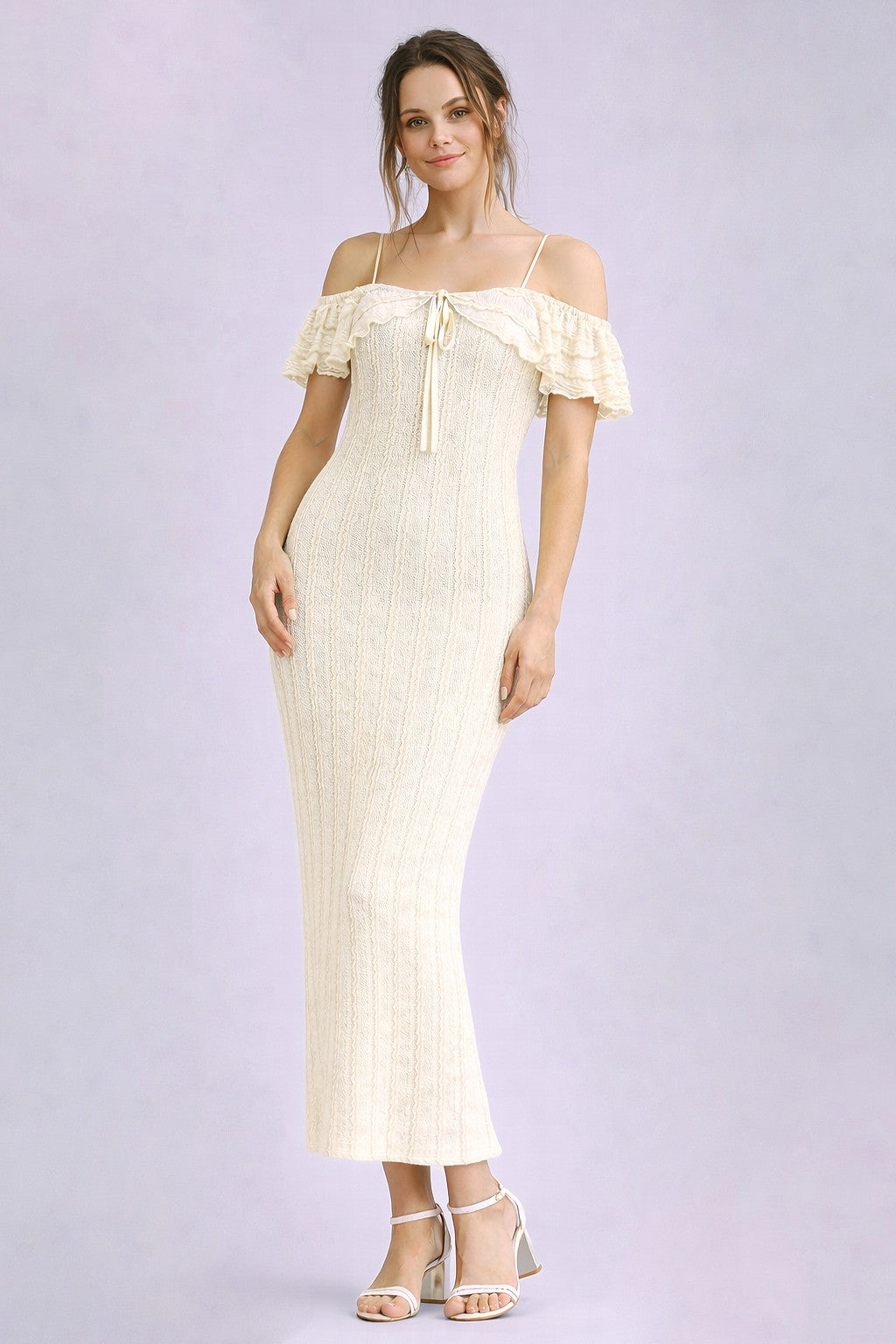Ivory Off Shoulder Lace Knit Midi Dress