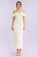 Ivory Off Shoulder Lace Knit Midi Dress