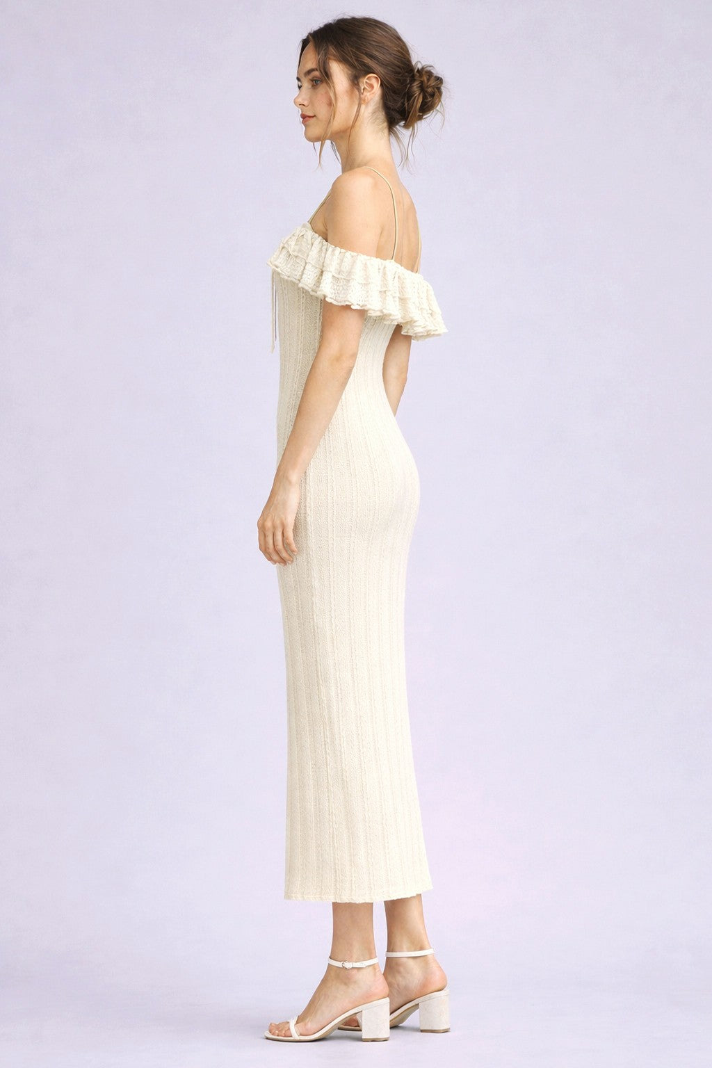 Ivory Off Shoulder Lace Knit Midi Dress