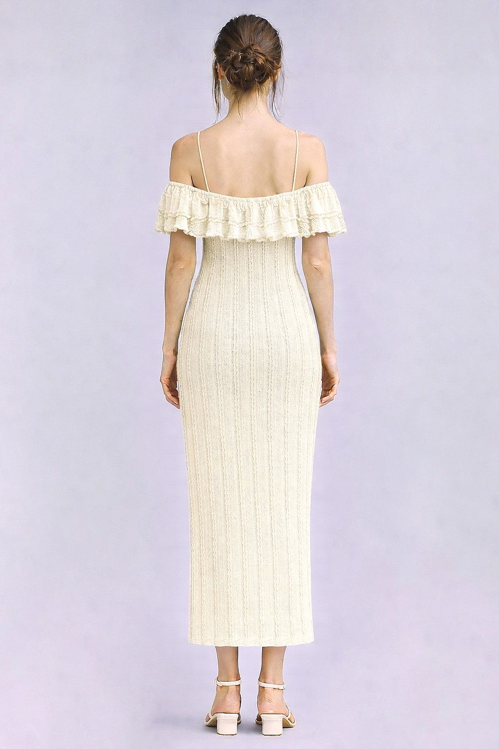 Ivory Off Shoulder Lace Knit Midi Dress