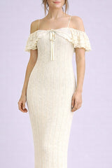 Ivory Off Shoulder Lace Knit Midi Dress