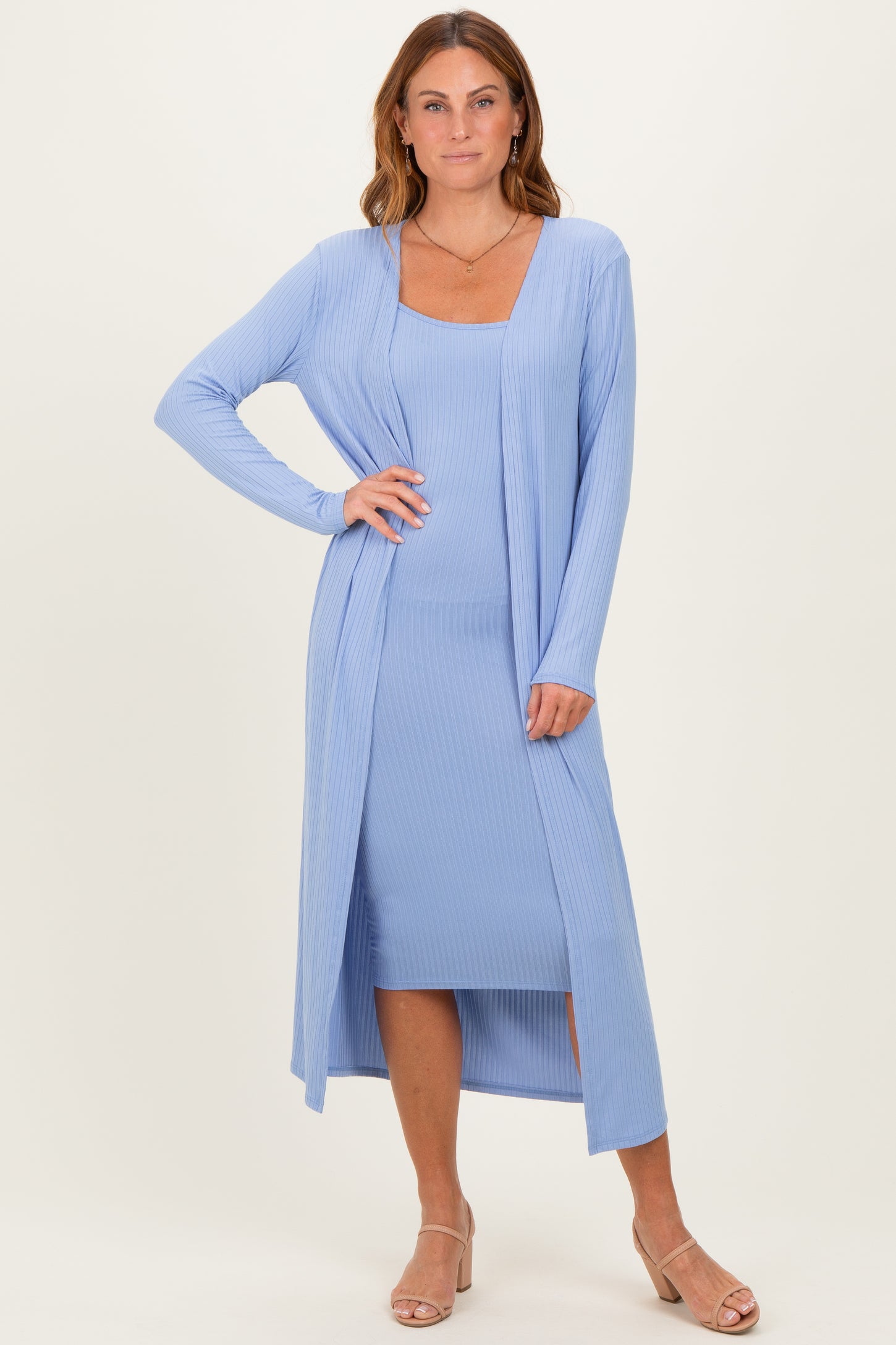 Blue Ribbed Cardigan 2 Piece Maternity Set