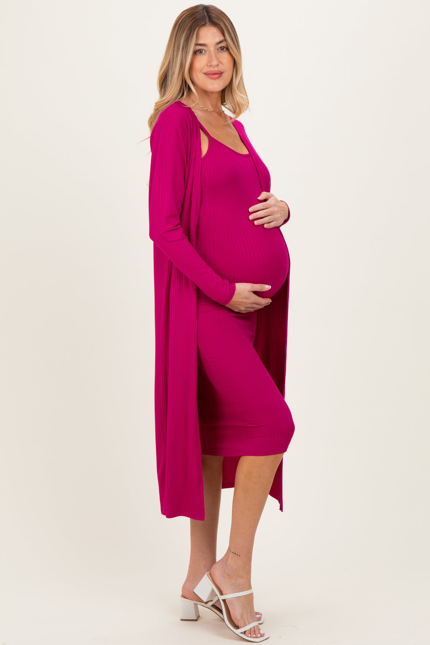 Magenta Ribbed Cardigan 2 Piece Maternity Set
