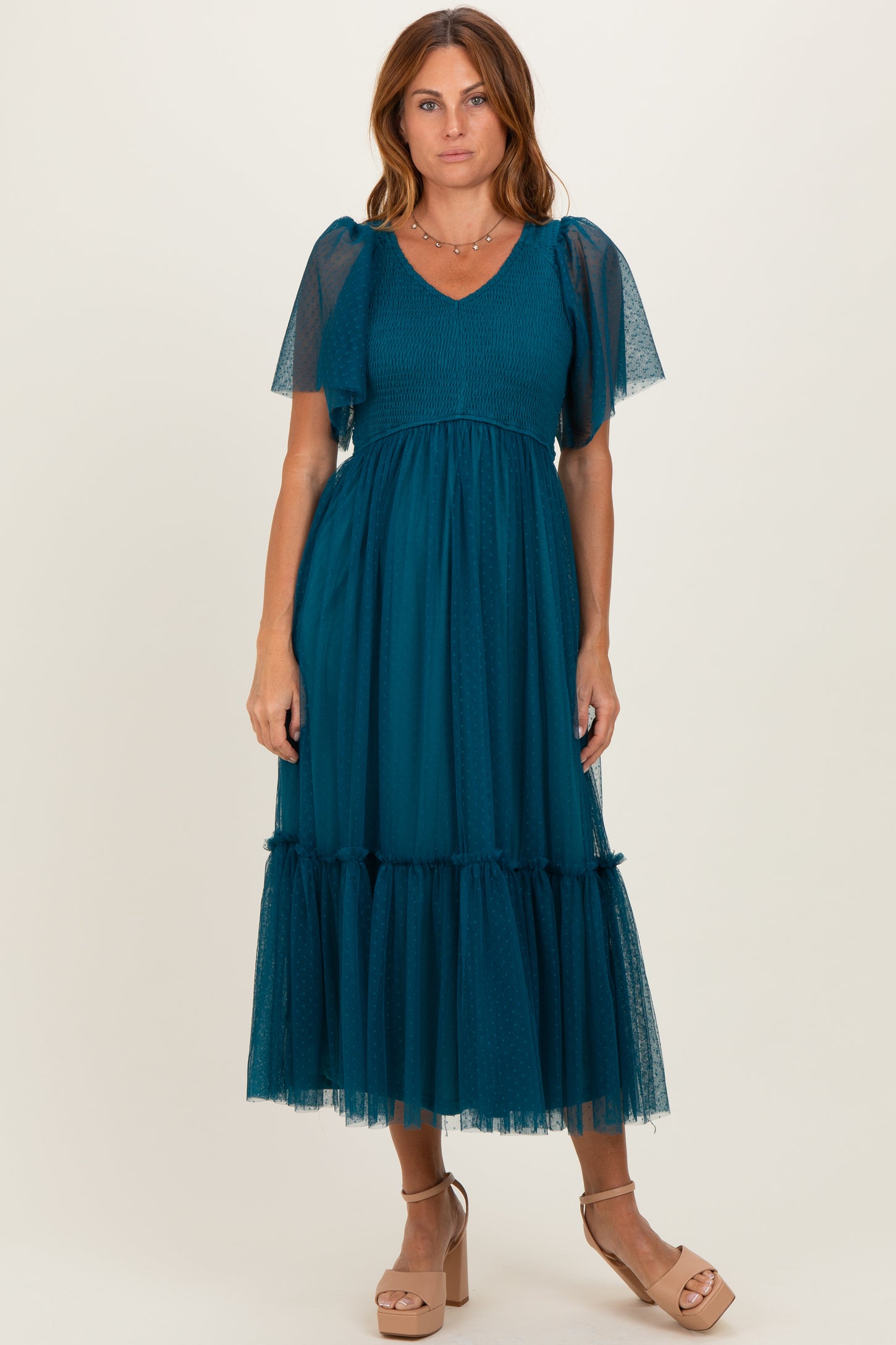 Teal Dotted Tulle Smocked Midi Dress