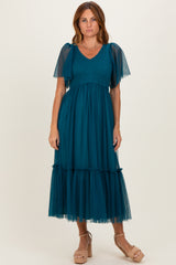 Teal Dotted Tulle Smocked Midi Dress
