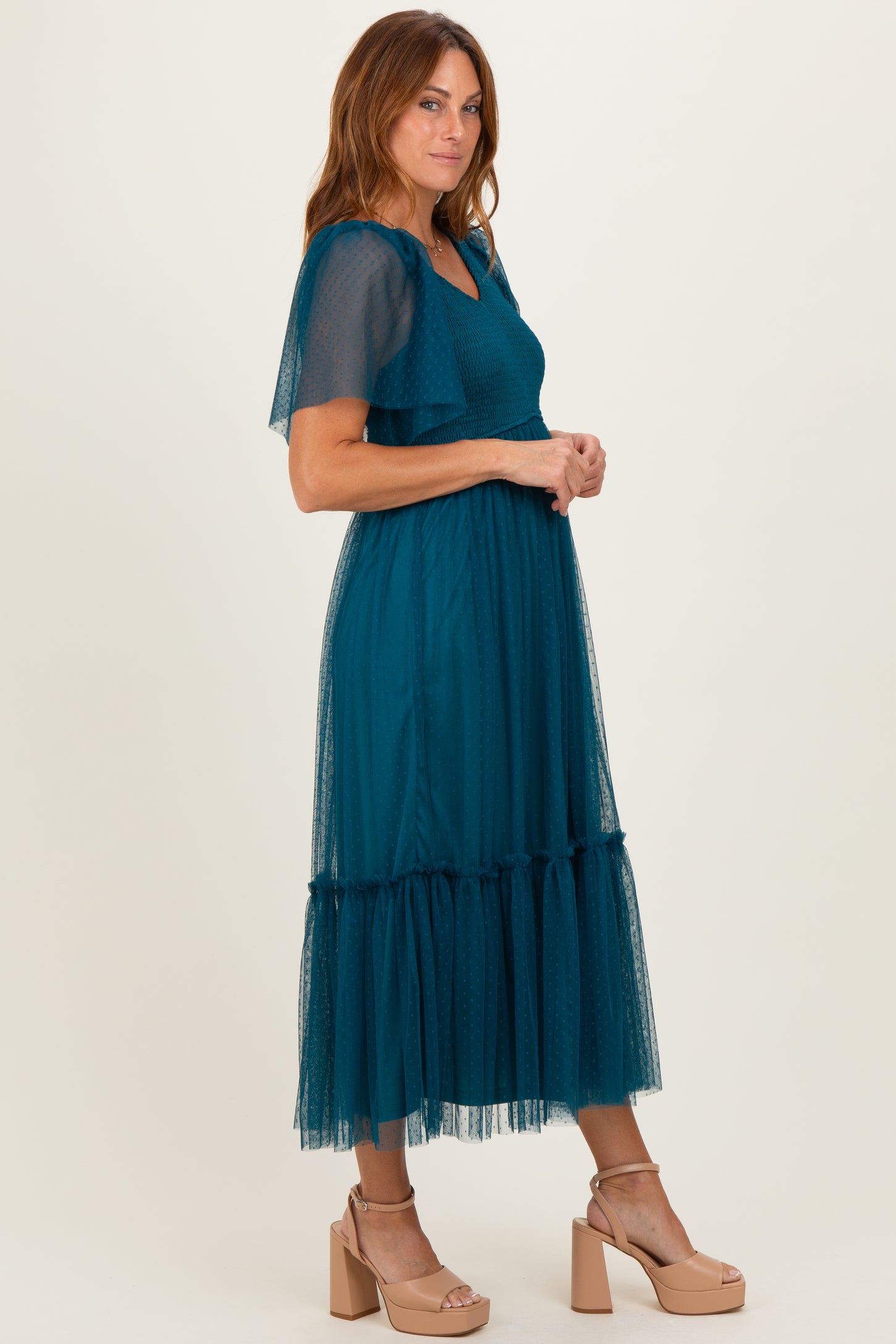 Teal Dotted Tulle Smocked Midi Dress