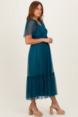 Teal Dotted Tulle Smocked Midi Dress