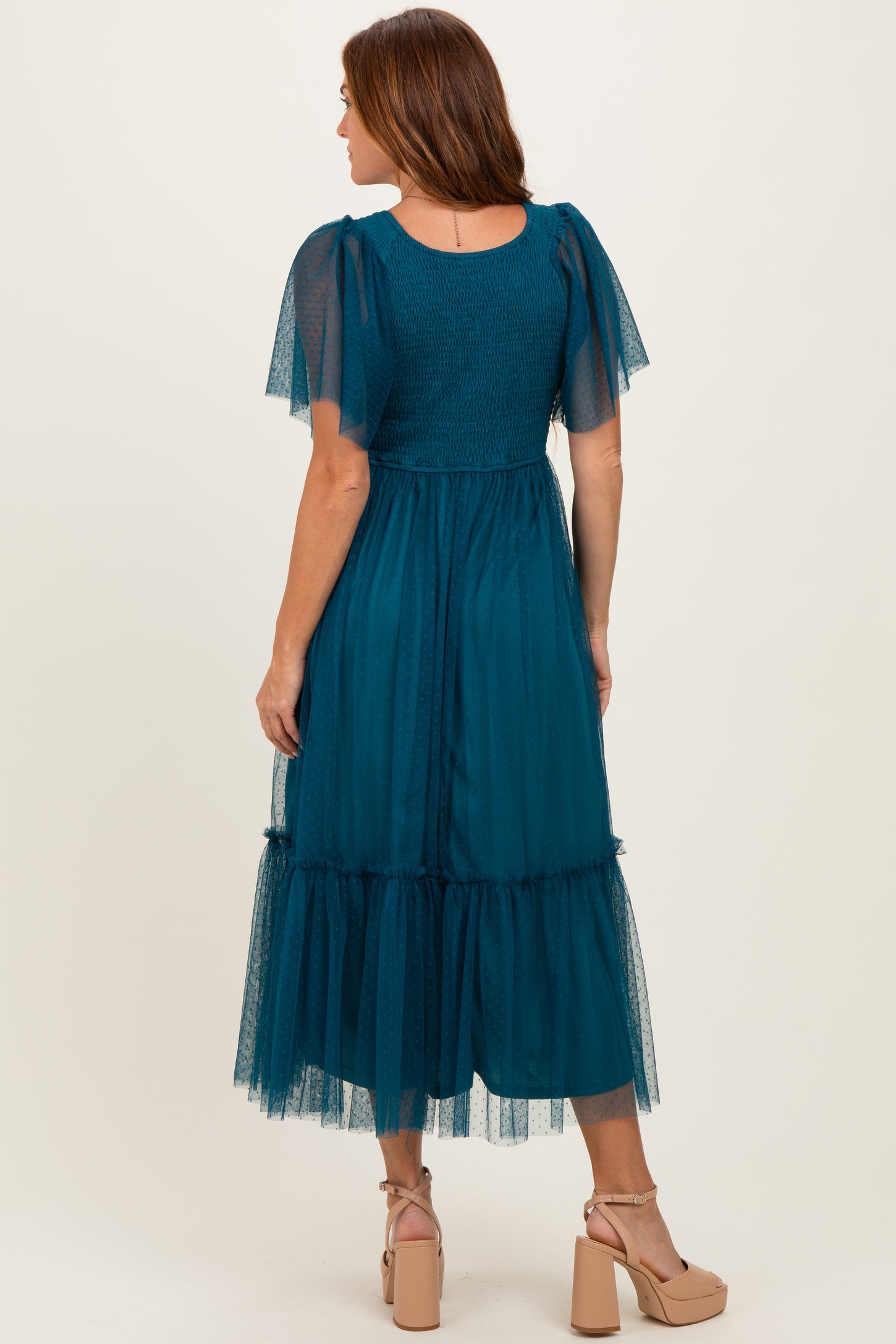 Teal Dotted Tulle Smocked Midi Dress