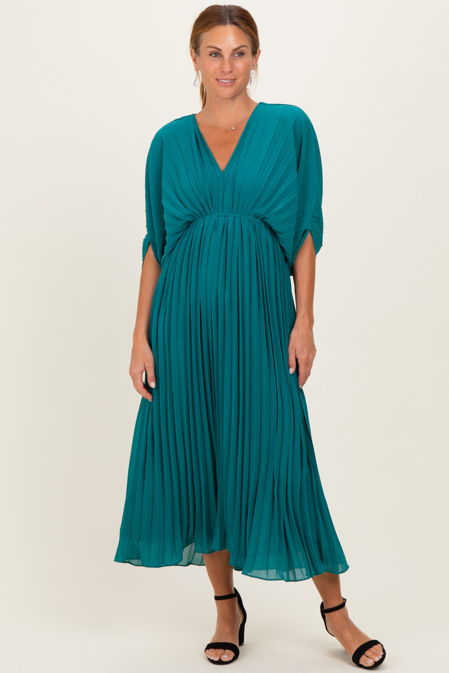 Teal Pleated V Neck Maternity Maxi Dress