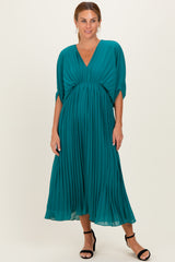 Teal Pleated V Neck Maternity Maxi Dress