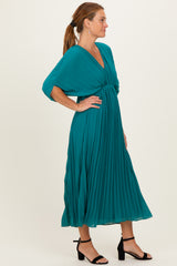 Teal Pleated V Neck Maxi Dress