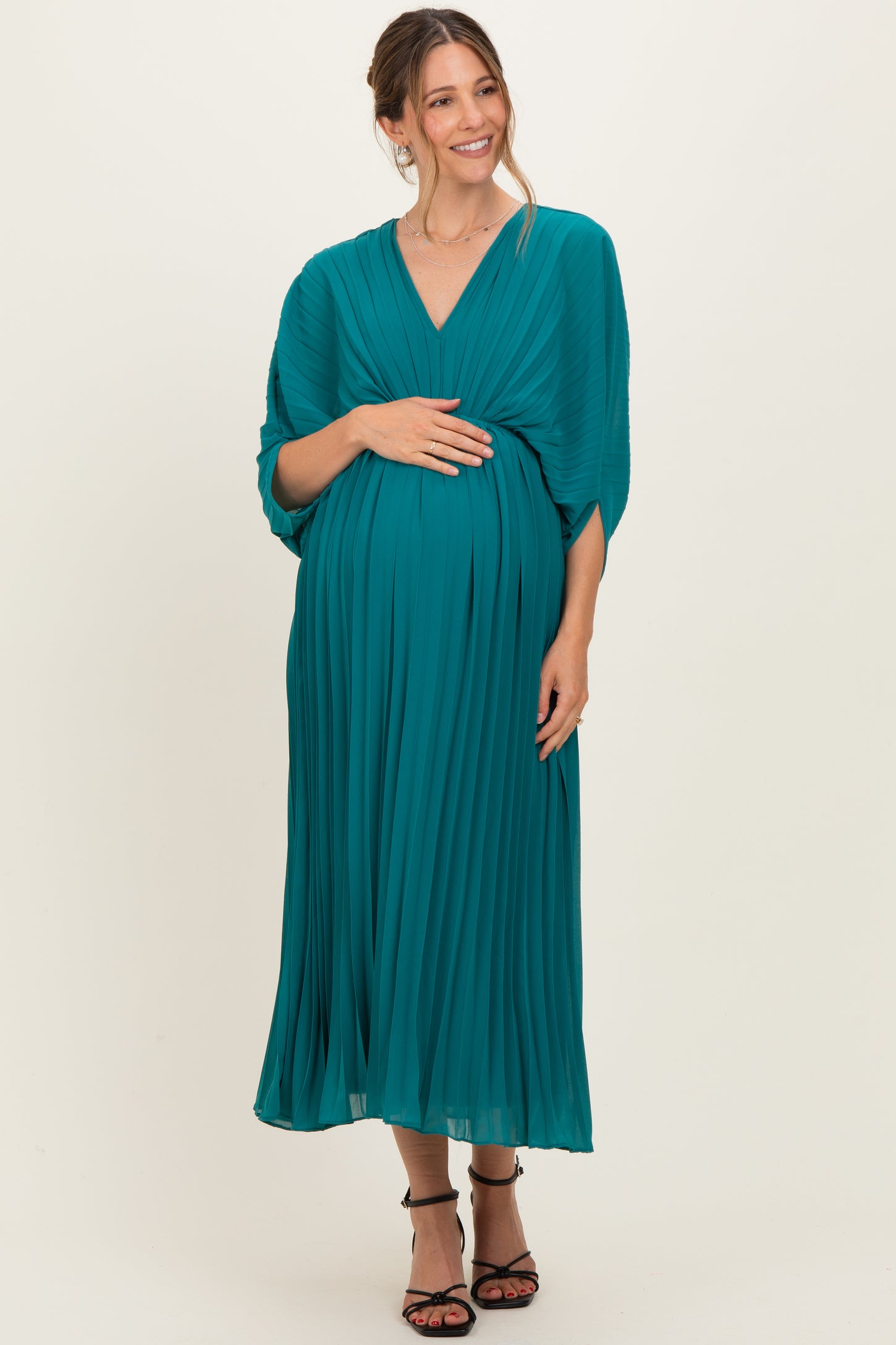 Teal Pleated V Neck Maternity Maxi Dress