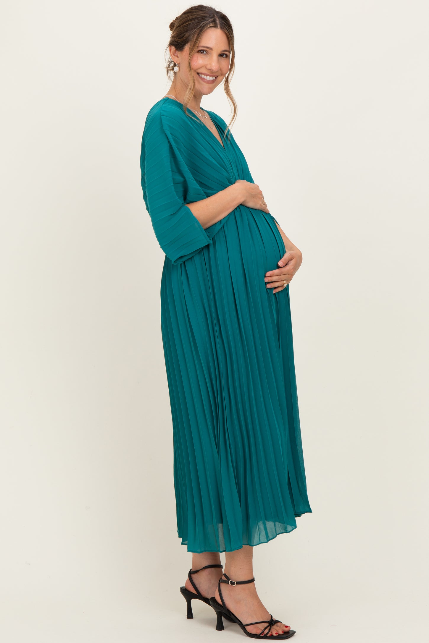 Teal Pleated V Neck Maternity Maxi Dress