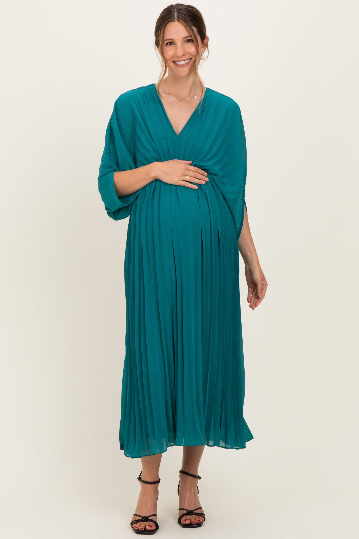 Teal Pleated V Neck Maternity Maxi Dress