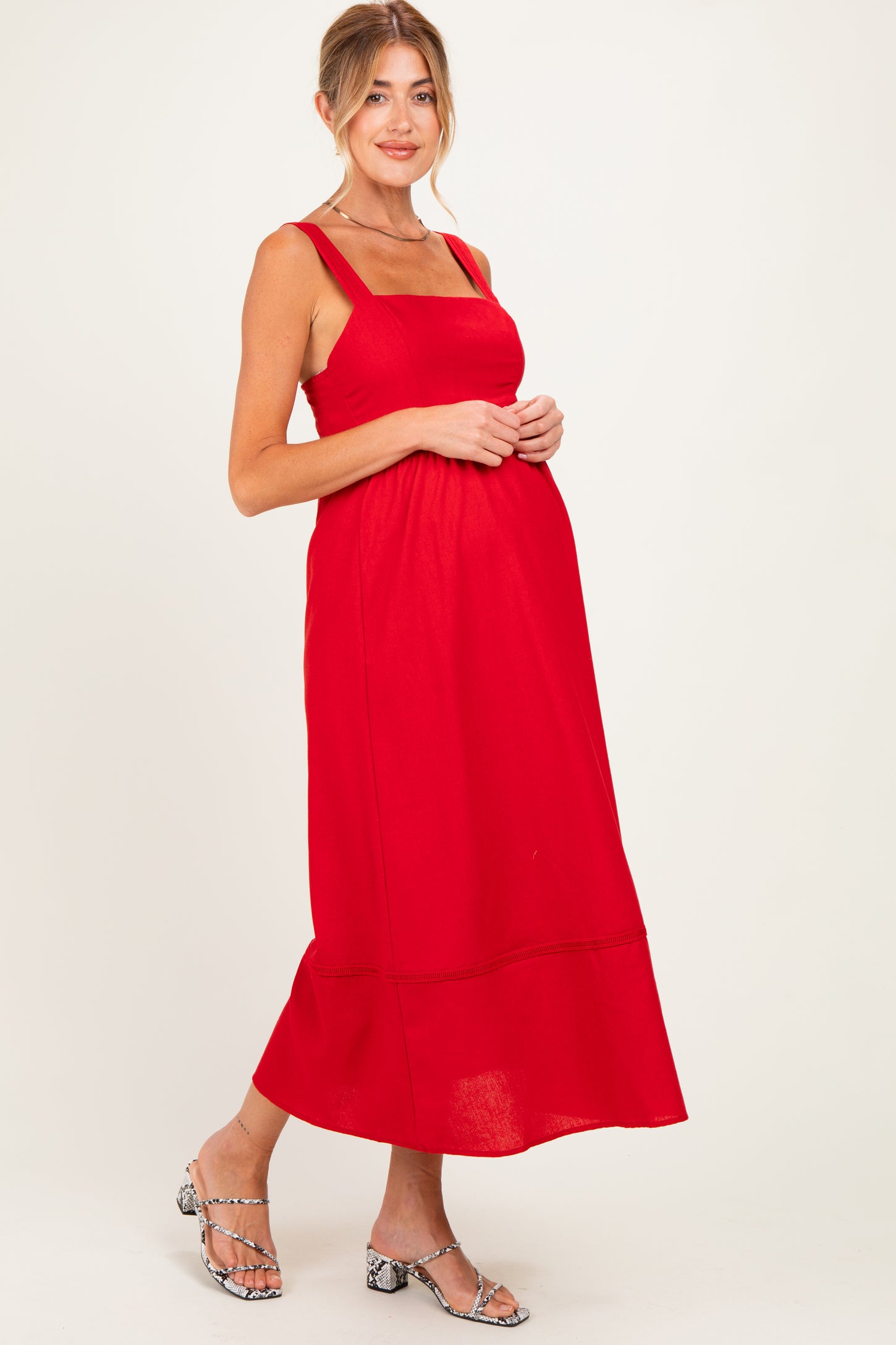Red Linen Blend Sleeveless Maternity Midi Dress