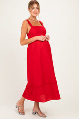 Red Linen Blend Sleeveless Maternity Midi Dress