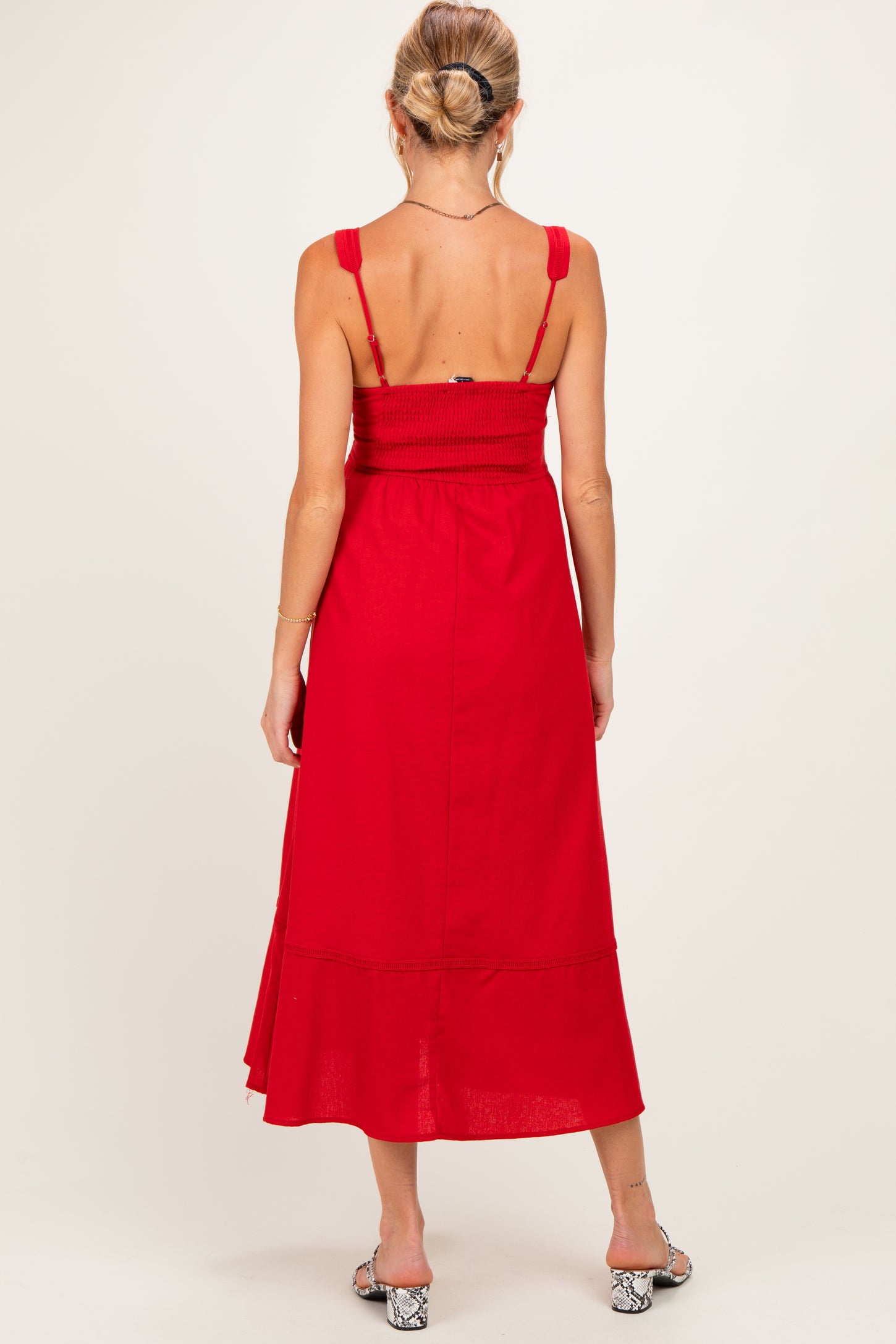 Red Linen Blend Sleeveless Maternity Midi Dress