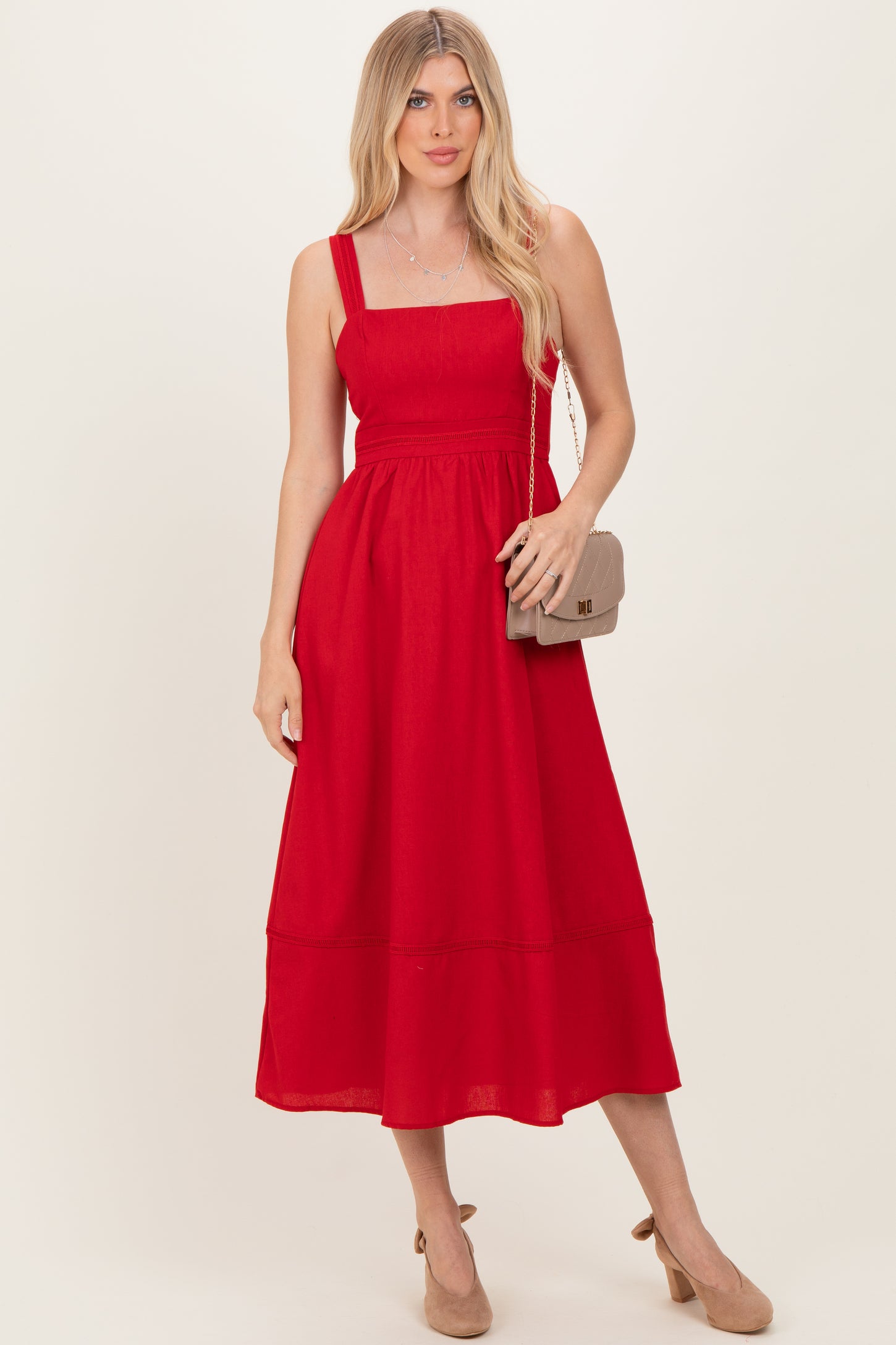 Red Linen Blend Sleeveless Midi Dress