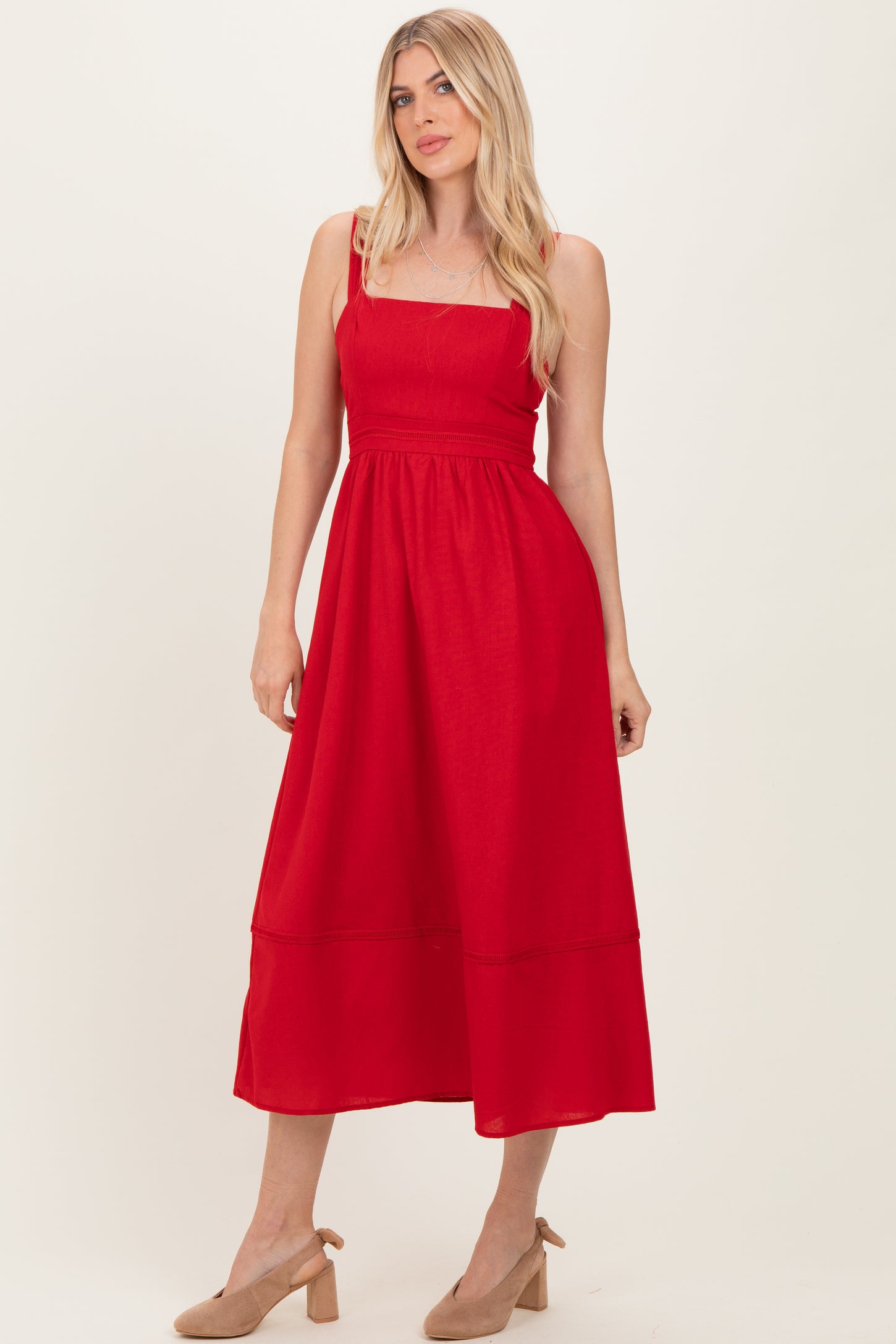 Red Linen Blend Sleeveless Midi Dress