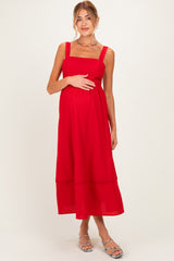 Red Linen Blend Sleeveless Maternity Midi Dress