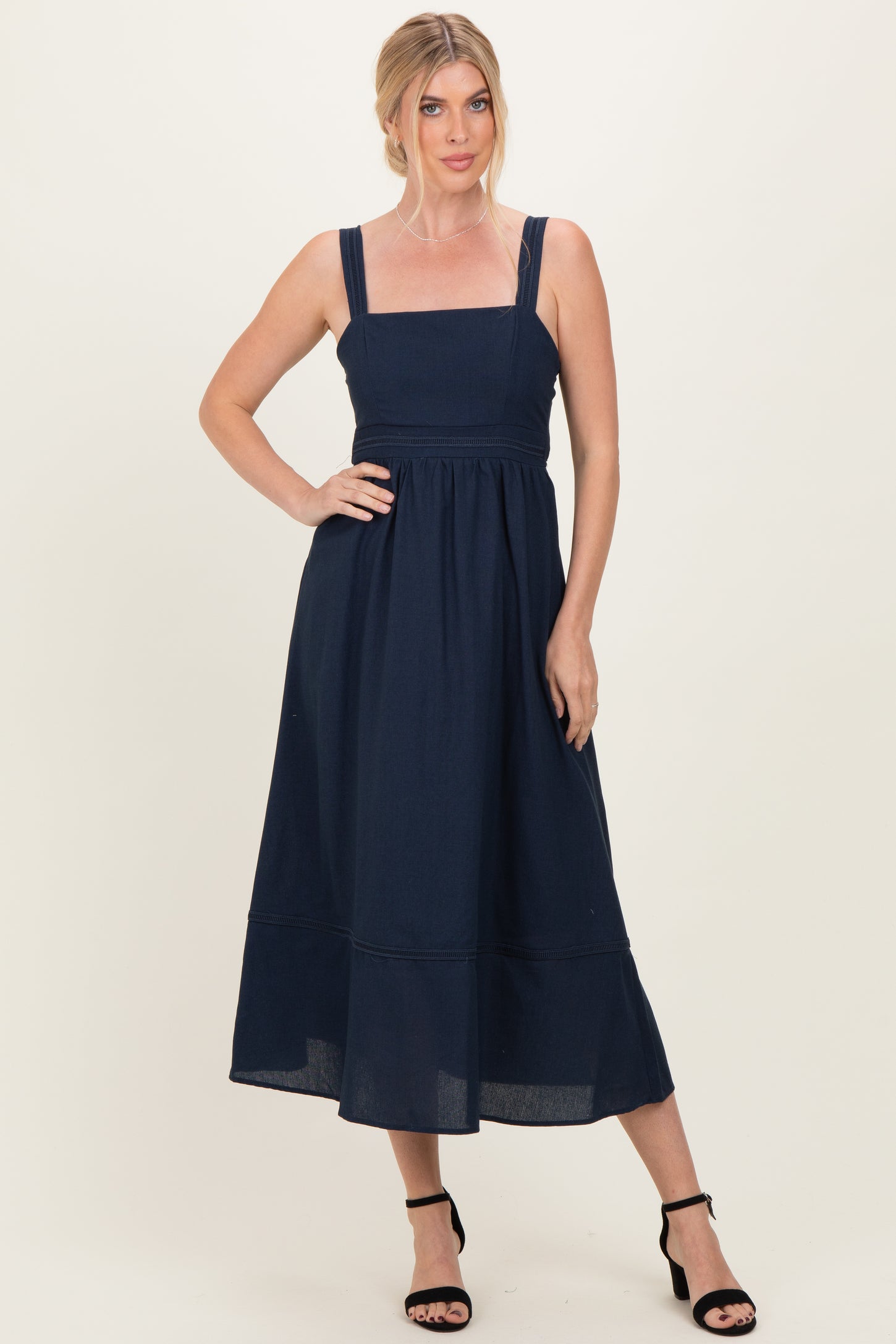Navy Linen Blend Sleeveless Maternity Midi Dress