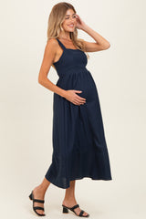 Navy Linen Blend Sleeveless Maternity Midi Dress