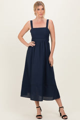 Navy Linen Blend Sleeveless Midi Dress