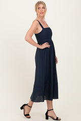 Navy Linen Blend Sleeveless Midi Dress