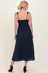Navy Linen Blend Sleeveless Midi Dress