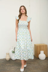 Blue Floral Smocked Sleeveless Midi Dress