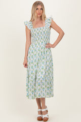 Blue Floral Smocked Sleeveless Midi Dress