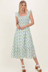 Blue Floral Smocked Sleeveless Midi Dress