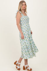 Blue Floral Smocked Sleeveless Midi Dress
