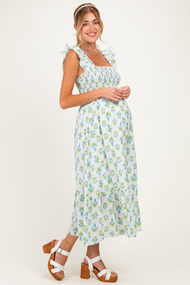 Blue Floral Smocked Sleeveless Maternity Midi Dress