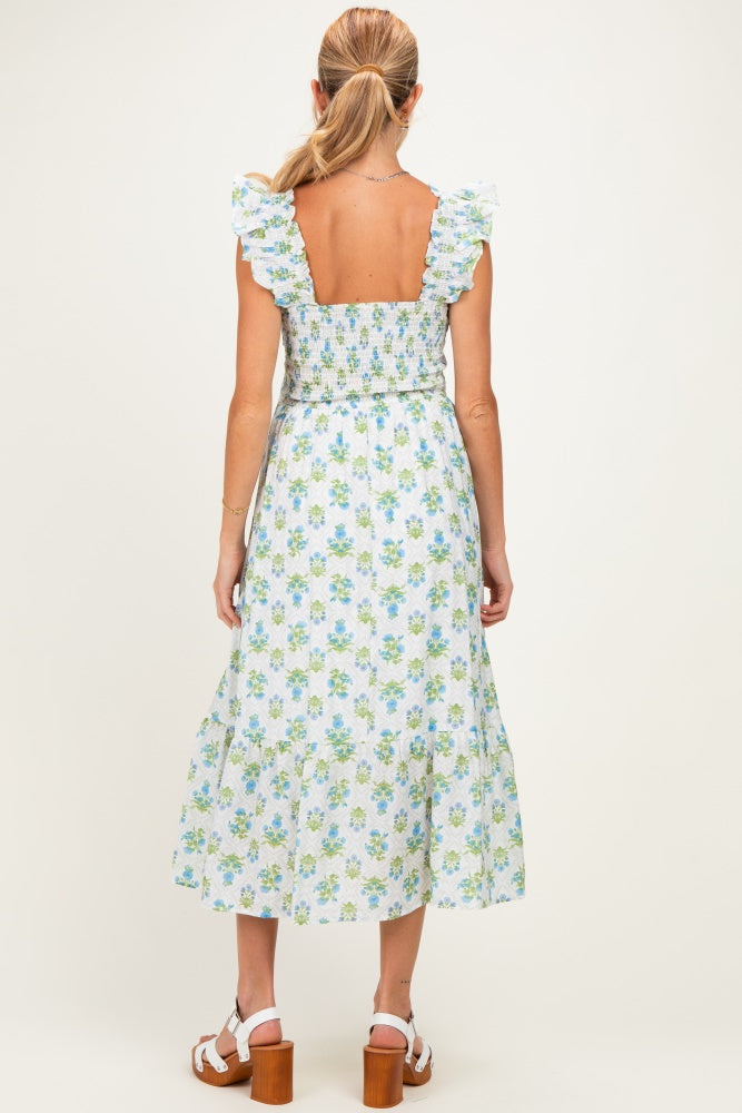 Blue Floral Smocked Sleeveless Maternity Midi Dress