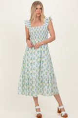 Blue Floral Smocked Sleeveless Maternity Midi Dress