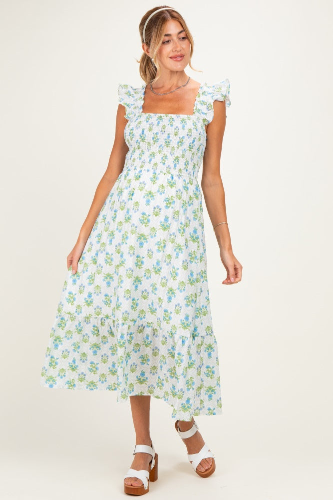 Blue Floral Smocked Sleeveless Maternity Midi Dress