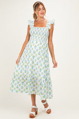 Blue Floral Smocked Sleeveless Maternity Midi Dress
